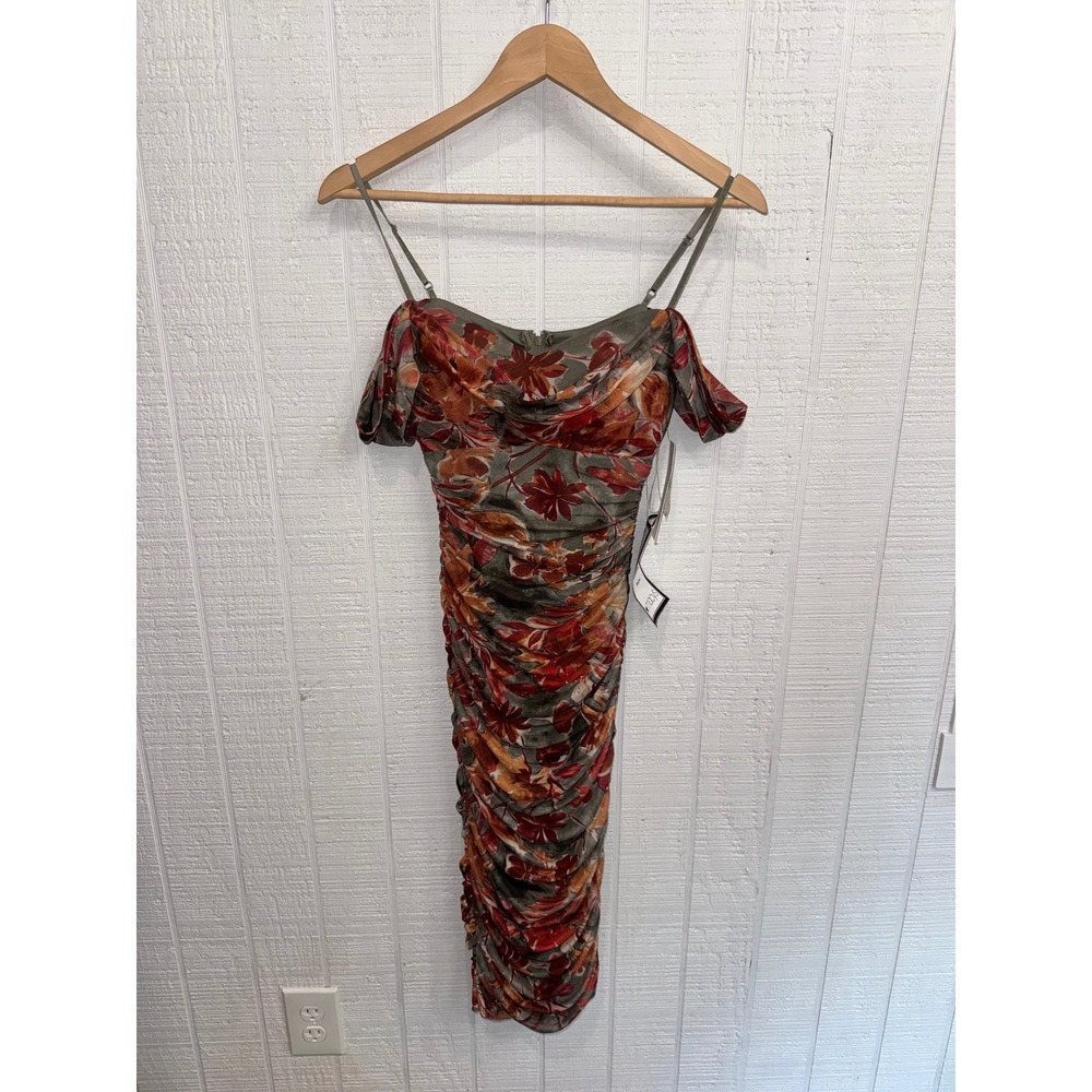 Katia Rae Ruched Mesh Bodycon Dress Women Olive Multi Floral Cold Shoulder XS